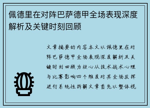 佩德里在对阵巴萨德甲全场表现深度解析及关键时刻回顾