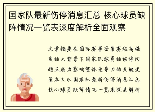 国家队最新伤停消息汇总 核心球员缺阵情况一览表深度解析全面观察